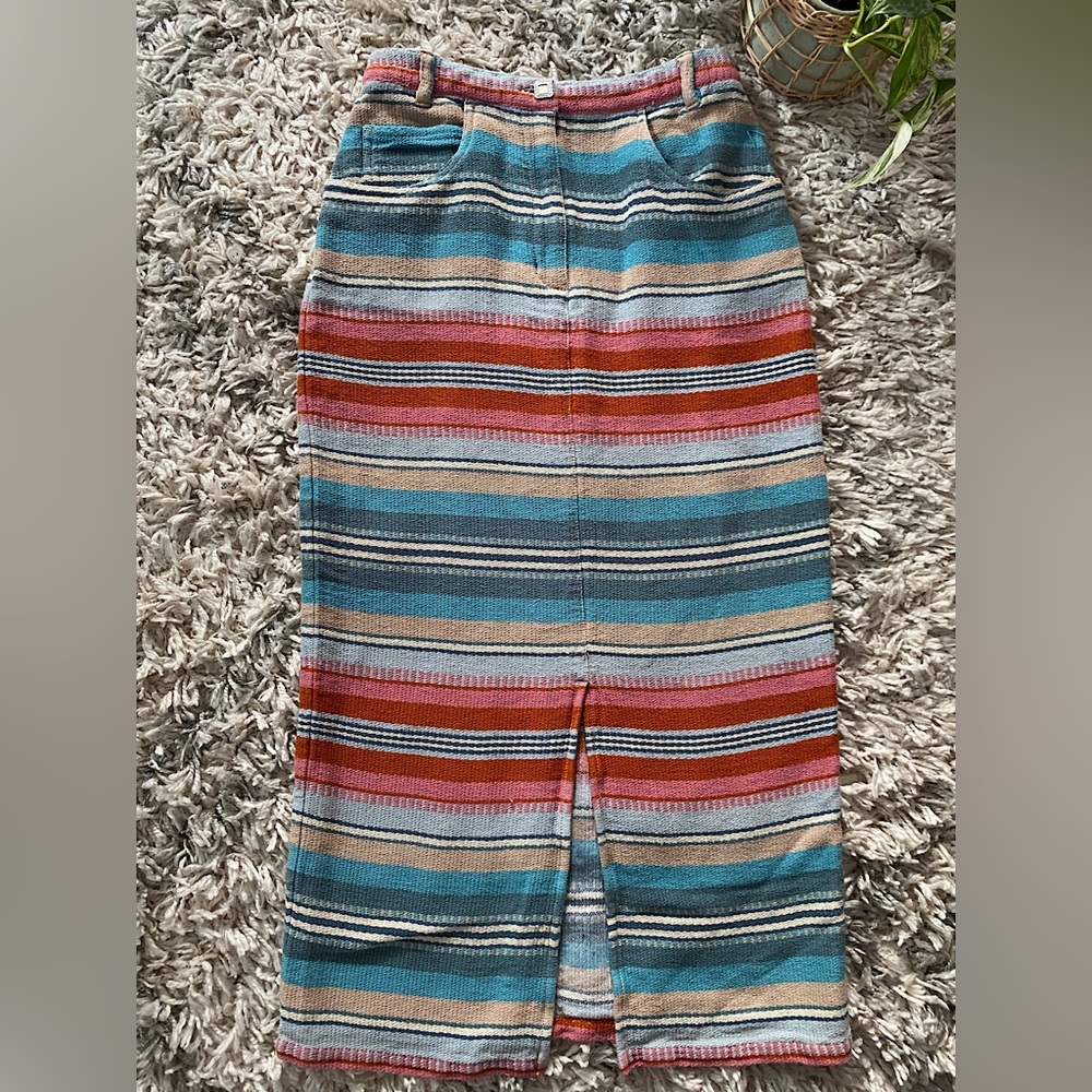 Denim&Co Striped Pencil Skirt in Teal, Red, Tan & Pink